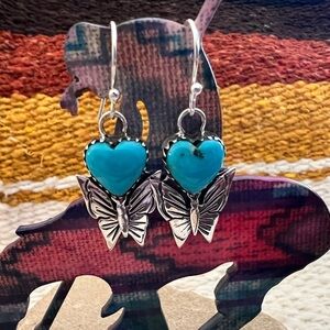 ❤️ Heart Shaped Kingman Turquoise 925 Navajo Butterfly Dangle Earrings 1.38”L